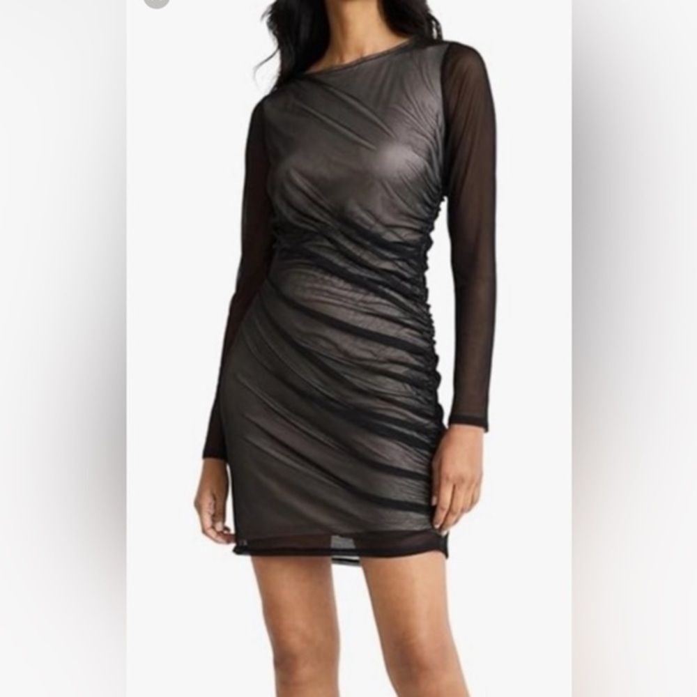 Donna Morgan Women's Illusion Mesh Long Sleeve Mini Dress